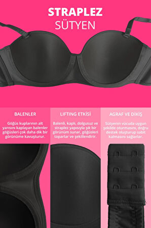 Siyah Balenli Toparlayıcı Dolgusuz Straplez Sütyen