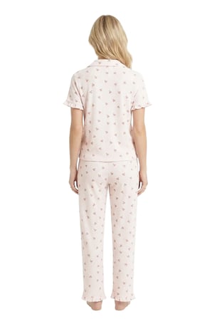 Beyaz Çiçek Desenli Bürümcük Gömlek Yaka Kadın Pijama Takımı
