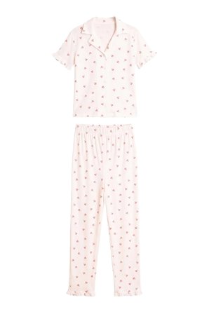 Beyaz Çiçek Desenli Bürümcük Gömlek Yaka Kadın Pijama Takımı