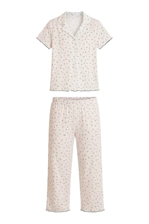 Beyaz Çiçek Desenli Pointel Gömlek Yaka Kadın Pijama Takımı