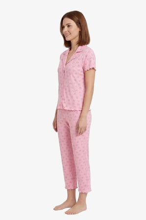 Pudra Kalp Desenli Pointel Gömlek Yaka Kadın Pijama Takımı