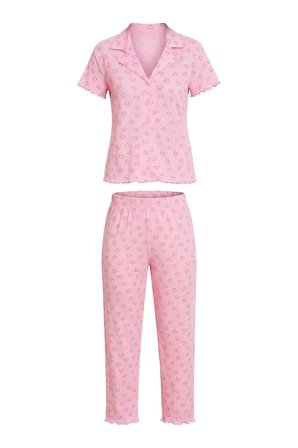Pudra Kalp Desenli Pointel Gömlek Yaka Kadın Pijama Takımı