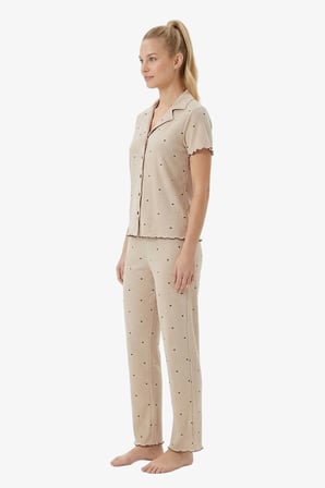 Vizon Kalp Desenli Pointel Gömlek Yaka Kadın Pijama Takımı