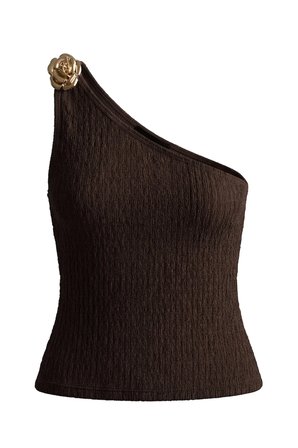 Premium - Tide Collection | Kahverengi Tek Omuz Çiçek Aksesuarlı Bürümcük Dokulu Kadın Crop Bluz