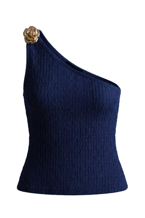 Premium - Tide Collection | Lacivert Tek Omuz Çiçek Aksesuarlı Bürümcük Dokulu Kadın Crop Bluz