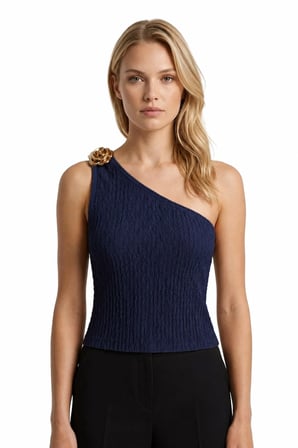 Premium - Tide Collection | Lacivert Tek Omuz Çiçek Aksesuarlı Bürümcük Dokulu Kadın Crop Bluz