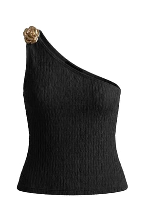 Premium - Tide Collection | Siyah Tek Omuz Çiçek Aksesuarlı Bürümcük Dokulu Kadın Crop Bluz