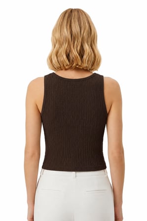 Premium - Tide Collection | Kahverengi Bisiklet Yaka Bürümcük Dokulu Kolsuz Kadın Crop Bluz