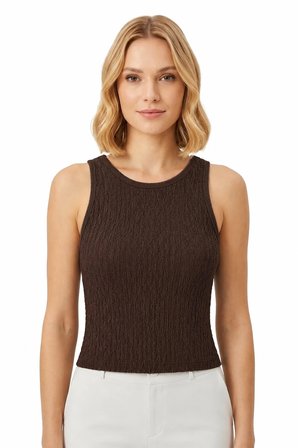 Premium - Tide Collection | Kahverengi Bisiklet Yaka Bürümcük Dokulu Kolsuz Kadın Crop Bluz