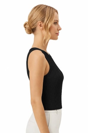 Premium - Tide Collection | Siyah Bisiklet Yaka Bürümcük Dokulu Kolsuz Kadın Crop Bluz