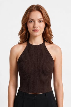 Premium - Tide Collection |Kahverengi Halter Yaka Boyundan Bağlamalı Bürümcük Dokulu Kadın Crop Bluz