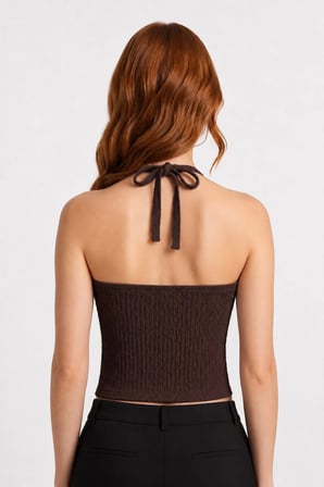 Premium - Tide Collection |Kahverengi Halter Yaka Boyundan Bağlamalı Bürümcük Dokulu Kadın Crop Bluz
