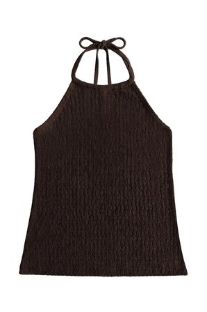 Premium - Tide Collection |Kahverengi Halter Yaka Boyundan Bağlamalı Bürümcük Dokulu Kadın Crop Bluz