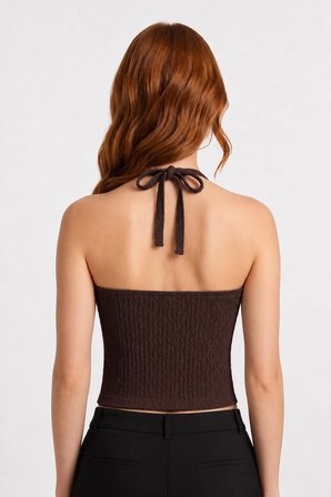 Premium - Tide Collection |Kahverengi Halter Yaka Boyundan Bağlamalı Bürümcük Dokulu Kadın Crop Bluz