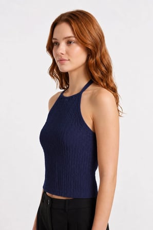 Premium - Tide Collection | Lacivert Halter Yaka Boyundan Bağlamalı Bürümcük Dokulu Kadın Crop Bluz