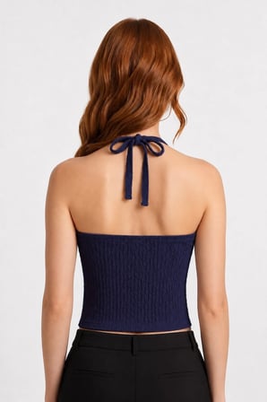 Premium - Tide Collection | Lacivert Halter Yaka Boyundan Bağlamalı Bürümcük Dokulu Kadın Crop Bluz