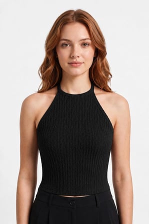 Premium - Tide Collection | Siyah Halter Yaka Boyundan Bağlamalı Bürümcük Dokulu Kadın Crop Bluz