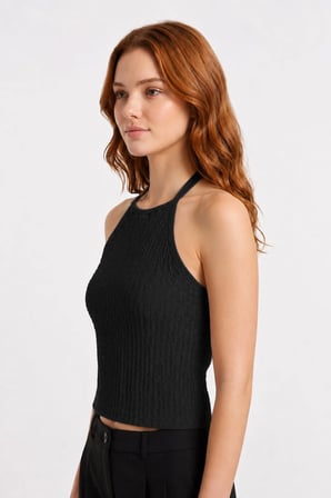 Premium - Tide Collection | Siyah Halter Yaka Boyundan Bağlamalı Bürümcük Dokulu Kadın Crop Bluz