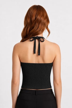 Premium - Tide Collection | Siyah Halter Yaka Boyundan Bağlamalı Bürümcük Dokulu Kadın Crop Bluz
