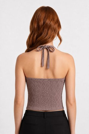 Premium - Tide Collection | Vizon Halter Yaka Boyundan Bağlamalı Bürümcük Dokulu Kadın Crop Bluz