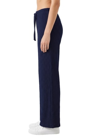 Premium - Tide Collection | Lacivert Bağcıklı Bürümcük Dokulu Bol Paça Kadın Pantolon