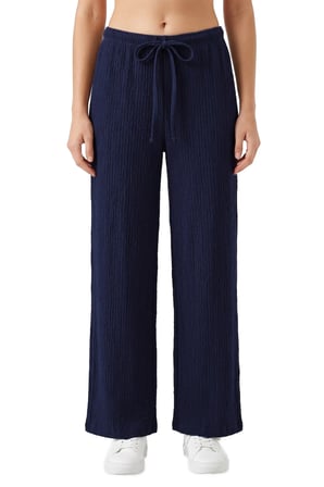 Premium - Tide Collection | Lacivert Bağcıklı Bürümcük Dokulu Bol Paça Kadın Pantolon
