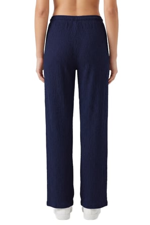 Premium - Tide Collection | Lacivert Bağcıklı Bürümcük Dokulu Bol Paça Kadın Pantolon