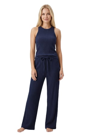 Premium - Tide Collection | Lacivert Bağcıklı Bürümcük Dokulu Bol Paça Kadın Pantolon