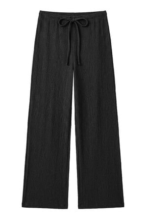 Premium - Tide Collection | Siyah Bağcıklı Bürümcük Dokulu Bol Paça Kadın Pantolon