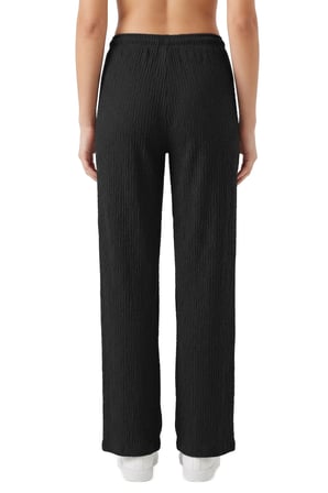 Premium - Tide Collection | Siyah Bağcıklı Bürümcük Dokulu Bol Paça Kadın Pantolon