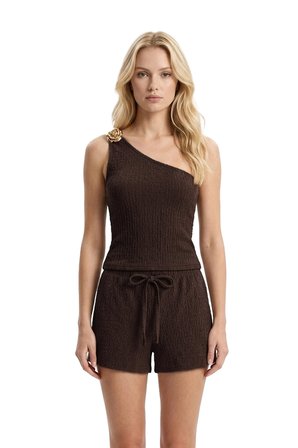 Premium - Tide Collection | Kahverengi Bağcıklı Bürümcük Dokulu Rahat Kesim Kadın Şort