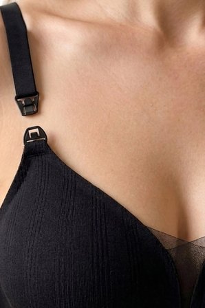 Seamless Bra - Nuvia |Siyah Lazer Kesim Klipsli Önden Açılabilir Rib Dokulu Dikişsiz Emzirme Sütyeni