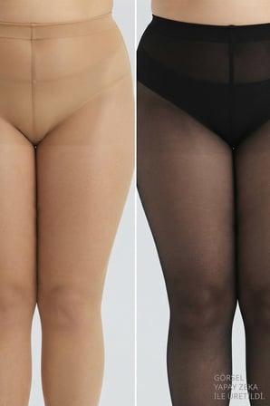 İnce 10 Denye Siyah-Ten 2'li Büyük Beden Külotlu Çorap