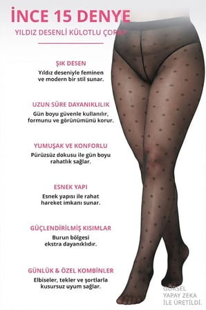 İnce 15 Denye Siyah Kurdele ve Yıldız Desenli 2'li Büyük Beden Külotlu Çorap