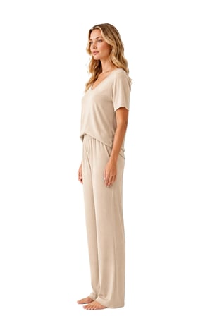 Premium - Neat Collection | Bej Rib Dokulu V Yaka Modal Viskon Bol Paça Kadın Pijama Takımı