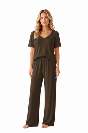 Premium - Neat Collection | Kahverengi Rib Dokulu V Yaka Modal Viskon Bol Paça Kadın Pijama Takımı