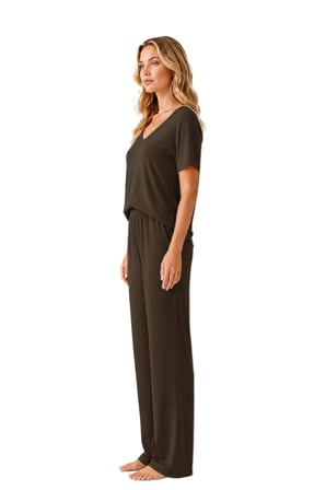 Premium - Neat Collection | Kahverengi Rib Dokulu V Yaka Modal Viskon Bol Paça Kadın Pijama Takımı