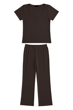 Premium - Neat Collection | Kahverengi Rib Dokulu V Yaka Modal Viskon Bol Paça Kadın Pijama Takımı