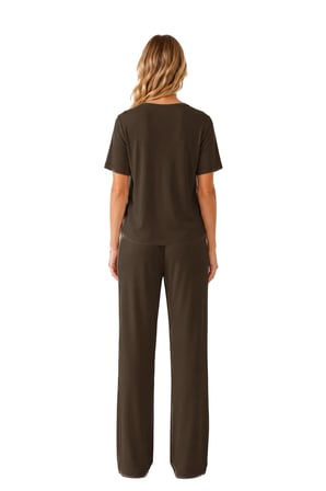 Premium - Neat Collection | Kahverengi Rib Dokulu V Yaka Modal Viskon Bol Paça Kadın Pijama Takımı