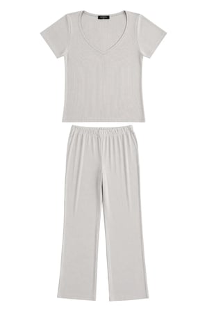 Premium - Neat Collection | Gri Rib Dokulu V Yaka Modal Viskon Bol Paça Kadın Pijama Takımı