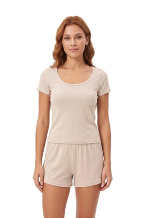 Premium - Neat Collection | Bej Rib Dokulu Yuvarlak Yaka Modal Viskon Şortlu Kadın Pijama Takımı
