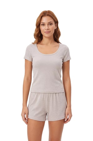 Premium - Neat Collection | Gri Rib Dokulu Yuvarlak Yaka Modal Viskon Şortlu Kadın Pijama Takımı