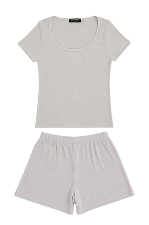 Premium - Neat Collection | Gri Rib Dokulu Yuvarlak Yaka Modal Viskon Şortlu Kadın Pijama Takımı
