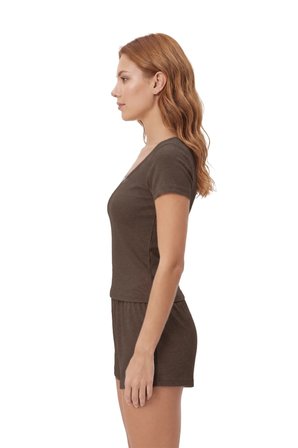 Premium - Neat Collection | Kahverengi Rib Dokulu Yuvarlak Yaka Modal Viskon Şortlu Pijama Takımı