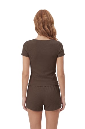 Premium - Neat Collection | Kahverengi Rib Dokulu Yuvarlak Yaka Modal Viskon Şortlu Pijama Takımı
