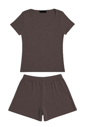 Premium - Neat Collection | Kahverengi Rib Dokulu Yuvarlak Yaka Modal Viskon Şortlu Pijama Takımı