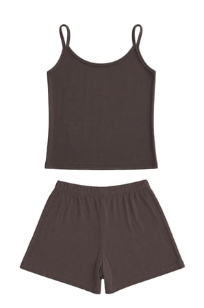 Premium - Neat Collection |Kahverengi Rib Dokulu İnce Askılı Modal Viskon Şortlu Kadın Pijama Takımı