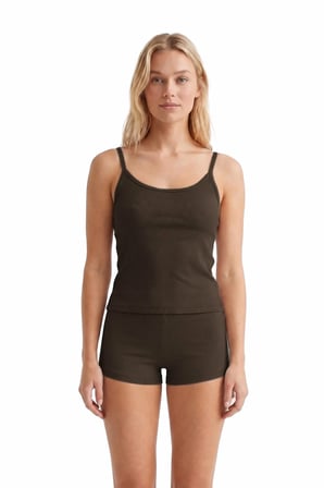 Premium - Neat Collection |Kahverengi Rib Dokulu İnce Askılı Modal Viskon Şortlu Kadın Pijama Takımı