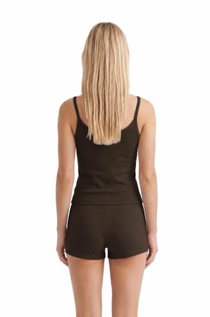 Premium - Neat Collection |Kahverengi Rib Dokulu İnce Askılı Modal Viskon Şortlu Kadın Pijama Takımı