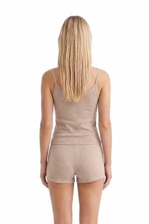 Premium - Neat Collection | Bej Rib Dokulu İnce Askılı Modal Viskon Şortlu Kadın Pijama Takımı